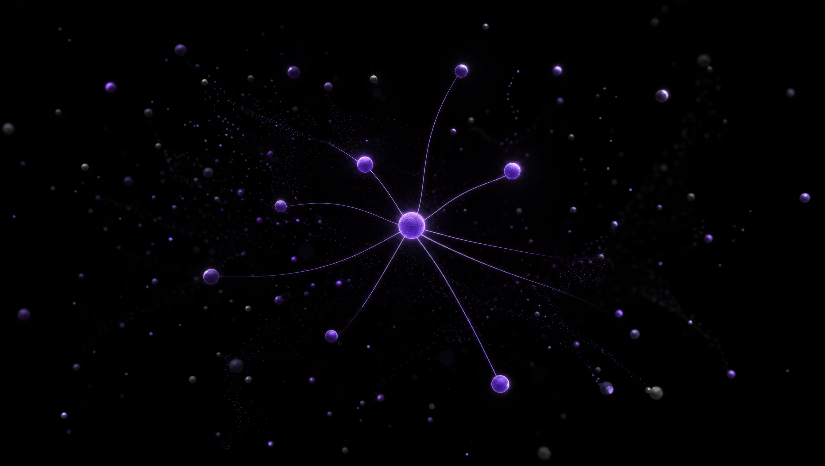Abstract 3D vector space: a luminous central violet node with thin threads radiating outward to nearby nodes, others dim in the distance — suggesting weighted cosine recall.