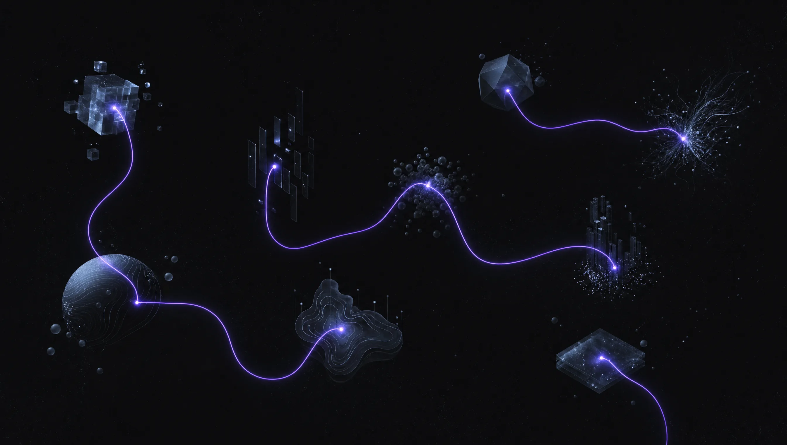Disconnected nodes joined by a single violet thread — memory that travels across every AI.