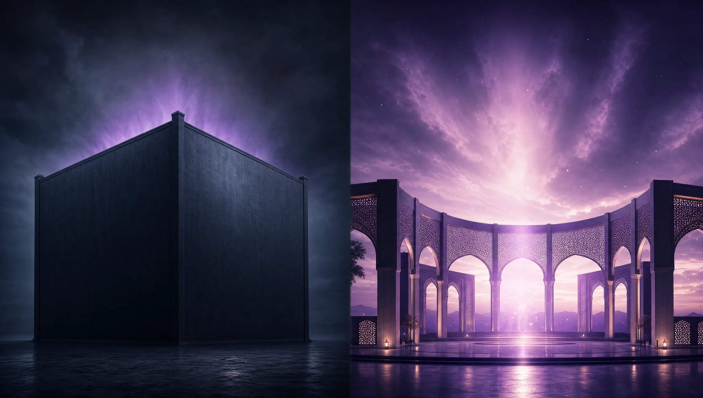 Split composition: a stark closed walled enclosure on the left, an open arched courtyard on the right — same violet light source treated very differently.