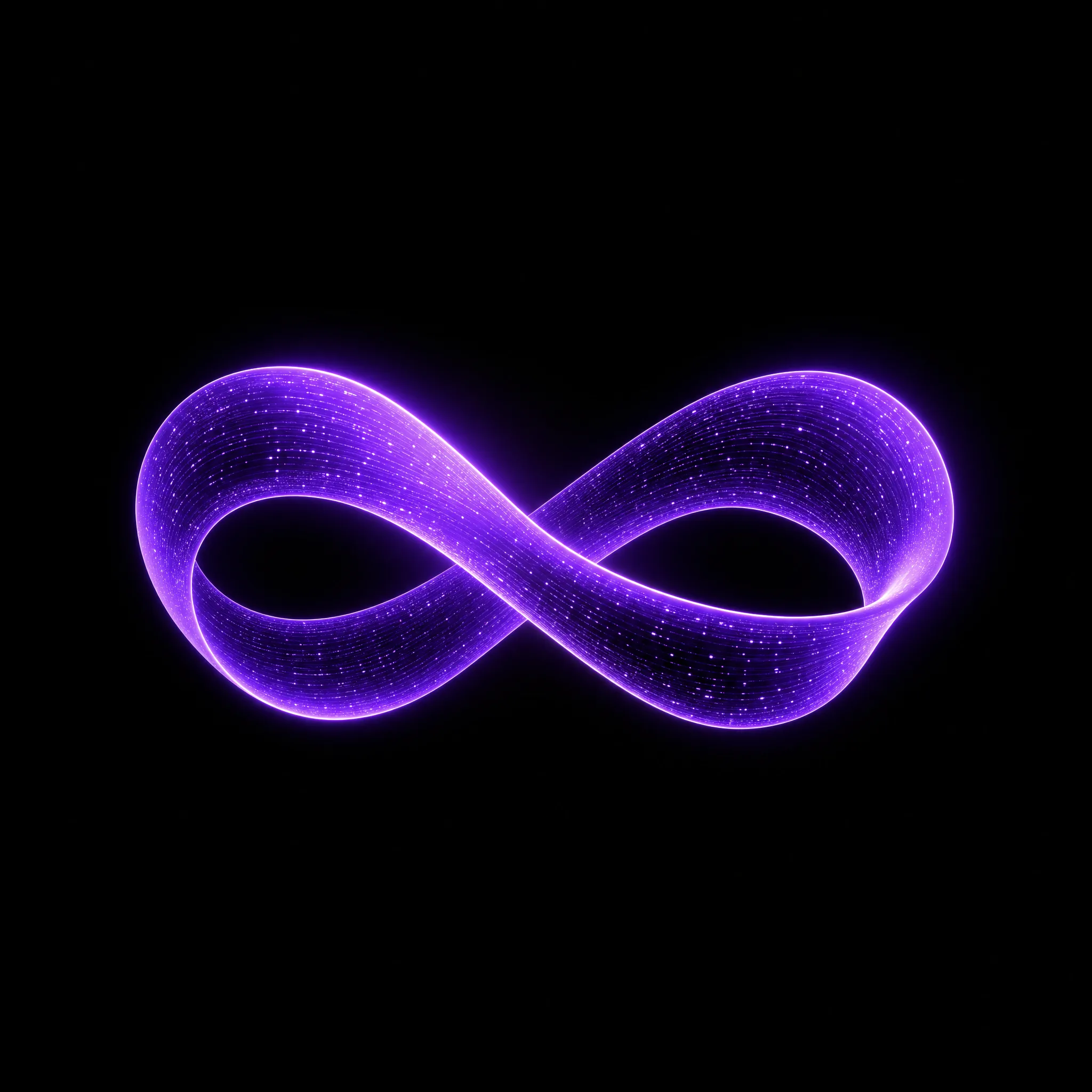 A Möbius loop in violet against black — continuous, with no beginning and no end.